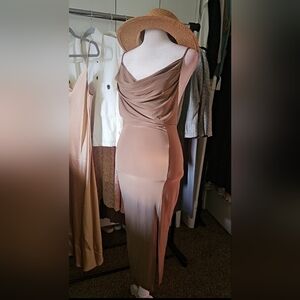 Elegant Tan Draped Women's Dress